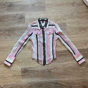 Y2K Club Monaco Striped Plisse Faux Pockets Button-Up Shirt With Cuffs